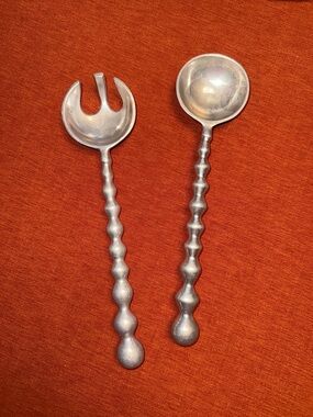 Vintage Silver Toned Salad Serving Set Spoon & Fork Beaded Bubble MCM Hosting